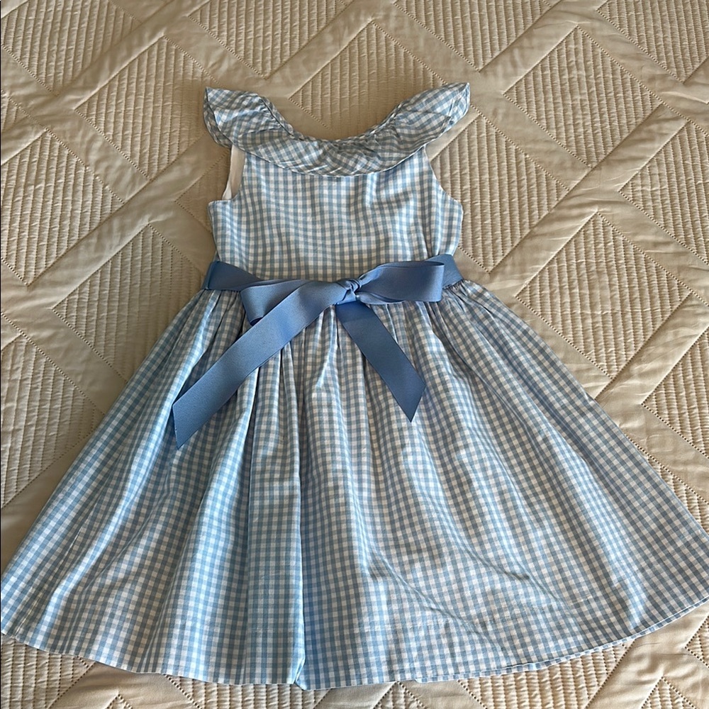 Bailey Boys Light Blue Gingham Ruffle Collar Girls' Dress with Satin Waist Bow